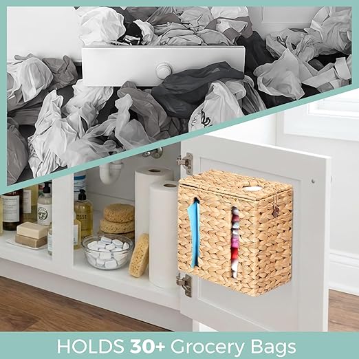 Trash Bag Holder with Scalloped Lid 13–30 Gallon Trash Bag Roll Holder Wall Mount Garbage Bag Dispenser for Kitchen, Cabinet (1, Natural)