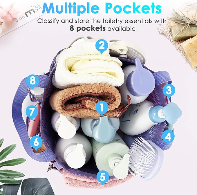 Fammart Mesh Shower Caddy Portable for College Dorm Room Essentials, 8-Pocket Large Shower Basket Tote Bag with 2 Handles for Toiletry, Bathroom, Beach, Camp, Gym