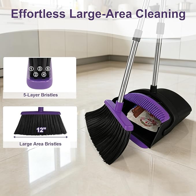 Broom and Dustpan Set, Upright Purple Broom with Dustpan Combo Set 51" Long Handle, Self Cleaning Dust Pan for Home, Kitchen and Office