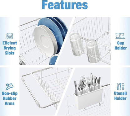 JASIWAY White in Sink Dish Drying Rack, Expandable Stainless Steel Small Dish Rack Over Kitchen Sink, Plate Drainer Strainer with Utensil Holder & Cup Holders, Counter Space Saving Wire Dryer Rack