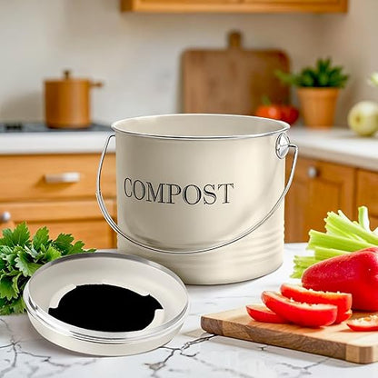 Plexon Countertop Compost Bin Kitchen, Kitchen Compost Bin 1.3 Gallon, Metal Compost Bucket with Lid, Beige