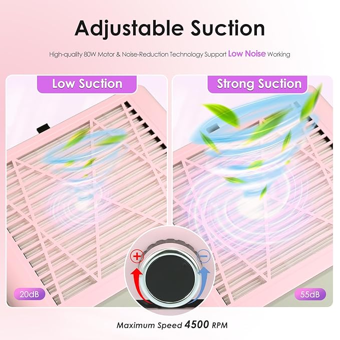 Nail Dust Collector Nail Tech, 80W Powerful Suction Nail Extractor Vacuum with Reusable Filter & Brush, Adjustable Electric Nail Fan Dust Vacuum for Acrylic Gel Nail Polishing Manicure Tool