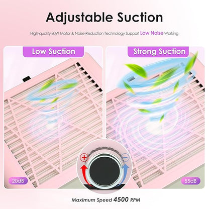Nail Dust Collector Nail Tech, 80W Powerful Suction Nail Extractor Vacuum with Reusable Filter & Brush, Adjustable Electric Nail Fan Dust Vacuum for Acrylic Gel Nail Polishing Manicure Tool