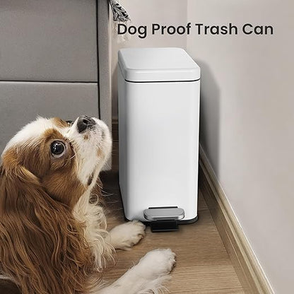 Cesun Bathroom Trash Can with Lid, 2.6 Gallon Small Bathroom Garbage Can Soft Close, Stainless Steel Waste Basket with Step Pedal for Bedroom, Laundry Room, Living Room, Home Office, Toilet, RV, White