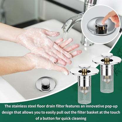 Vodolo 3 in 1 Sink Drain Strainer with Hair Catcher,8PCS Stainless Steel Popup Sink Stopper with Basket for Bathroom Kitchen Shower,Pop-up Bounce Core Floor Basin Drain Filter,Replacement Sink Plug