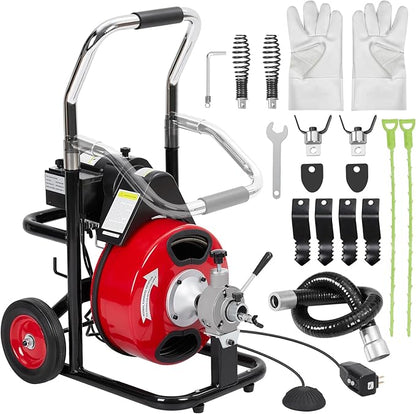 Drain Cleaner Machine 100FT x 3/8 Inch, Plumbing Auger Snake with Auto Feed, 8 Cutters, Foot Switch & Wheels, Portable Sewer Cleaning Tool for 1"-4" Pipes, Home and Bathroom Maintenance