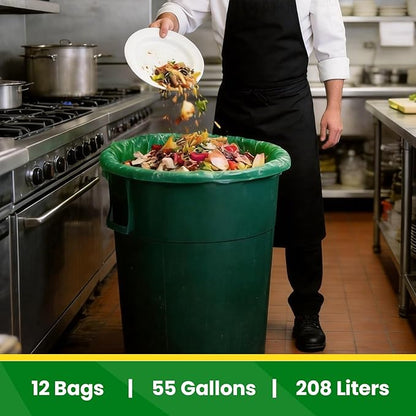 55-60 Gallon Compostable Trash Bags Liners, Heavy Duty Extra Thick 1.57 Mil, 208.2 Liter, 12 Bags, Lawn, Yard, and Restaurant Use, ASTM D6400, US BPI Certified