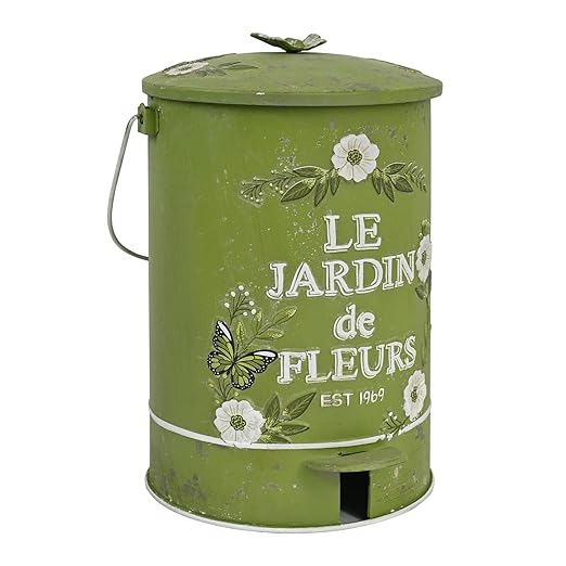 Rustic Farmhouse Decor Trash Can with Lid and Pedal Retro Handmade Distressed Design Pattern Round Garbage Cans Recycling Waste Bin for Home Patio Yard Bathroom Kitchen Garden Living Room Green