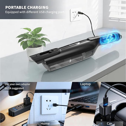 Cordless Handheld Vacuum, Lightweight Portable Hand Vacuum Cleaner with LED Light,Rechargeable Hand Held Vacuum with One-Touch Empty, Powerful Suction for Office, Home,Car,Black