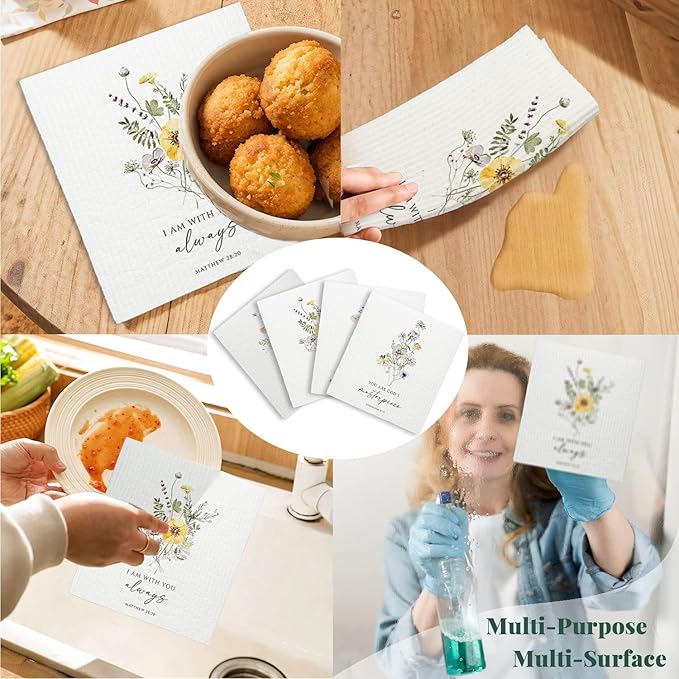 Christian Swedish Dishcloths for Kitchen, Floral Swedish Dish Towels, Scripture Kitchen Towels, Papaya Reusable Paper Towels, 4 Pack Swedish Dish Cloths for Kitchen, Sponge Cloths