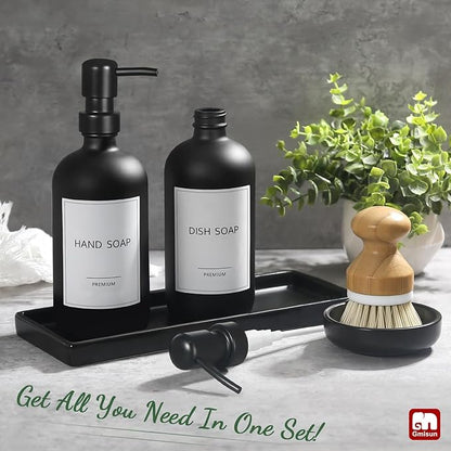 GMISUN Kitchen Soap Dispenser Set, 17 fl oz Dish Soap Dispenser with Ceramic Tray & Bamboo Brush for Kitchen, 2Pcs Matte Black Glass Hand and Dish Soap Dispenser Set, Refillable Soap Bottle Set