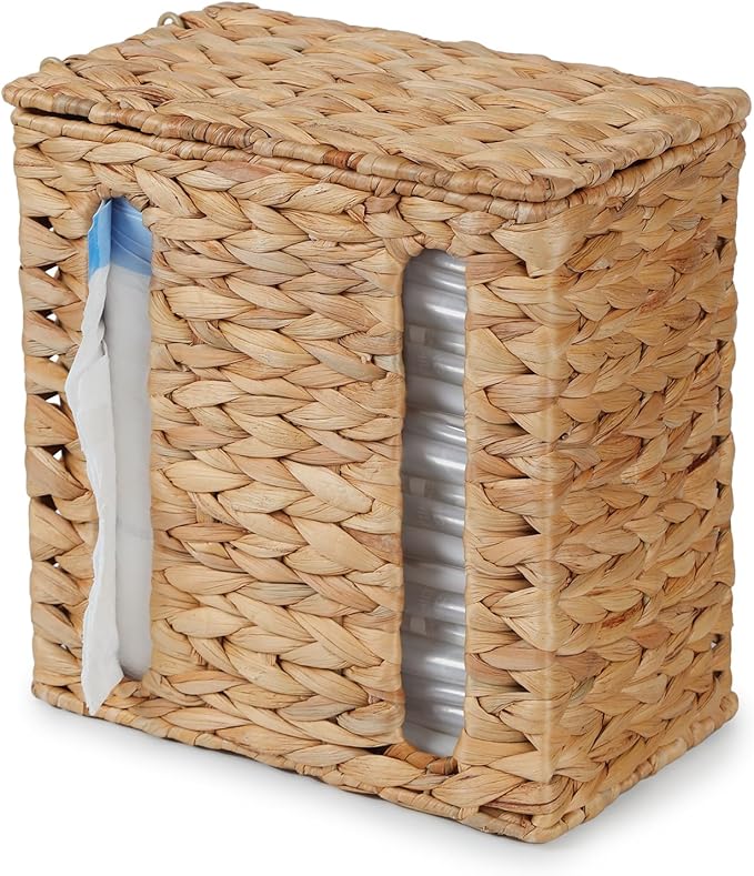 YANGQIHOME Trash Bag Dispenser with Lid, Water Hyacinth Plastic Bag Holder & Grocery Bag Holder for Kitchen, Cabinet and Countertop, 2 Slots