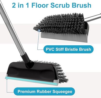 ITTAR Floor Scrub Brush with 55" Long Handle, 10" Wide Stiff Bristles Deck Brush, Stainsless Steel Pole Heavy-Duty Cleaning Brush, 2-in-1 Scrubber with Ruber Squeegee for Deck, Patio, Pool, Tile, Wall