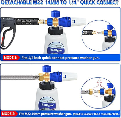 Pressure Washer Foam Cannon with Dual-Connector Tool, Pressure Washer Foam Lance Jet Wash Sprayer with M22-14 and 1/4 Inch Quick Connect, Adjustable Soap Dispenser, 1 Liter, 1/4 Double Tip Attachment