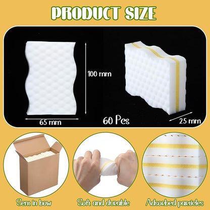 SiliFine 60 Pack Magic Extra Durable Sponge Eraser 3 Layer Density Cleaning Pads in Bulk Thick More Lasting Sponge Eraser for Bathroom Kitchen Floor Bathtub Toilet Cleaner(Yellow and White)