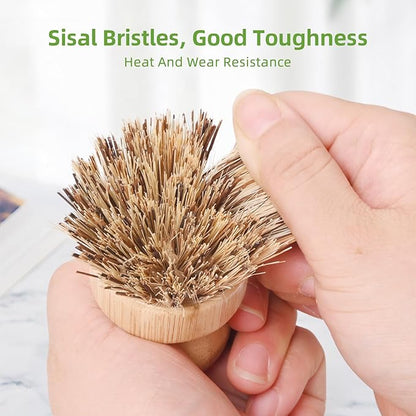 6 Packs Bamboo Dish Brush - Hard Bristle, Eco Friendly Dish Scrubber Union Fiber and Tampico Fiber Bamboo Wok Brush for Washing Cast Iron Pan/Pot