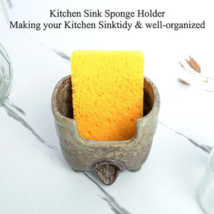 Ceramic Sponge Holder with Drainage, Rustic Farmhouse Sink Caddy Organizer, Self Draining Sponge Dish for Scrubbers, Soap & Brushes, Compact Kitchen Accessory, Keeps Counter Dry (Avocado)