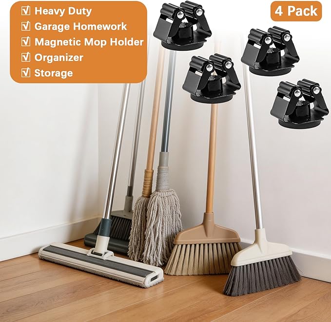 Magnetic Mop Broom Holder,4Pack Heavy Duty Magnetic Broom Holder for Cleaning Tools,D1.69” Strong Broom Mop Holder Wall Mount for Garage Kitchen Laundry Work Shop