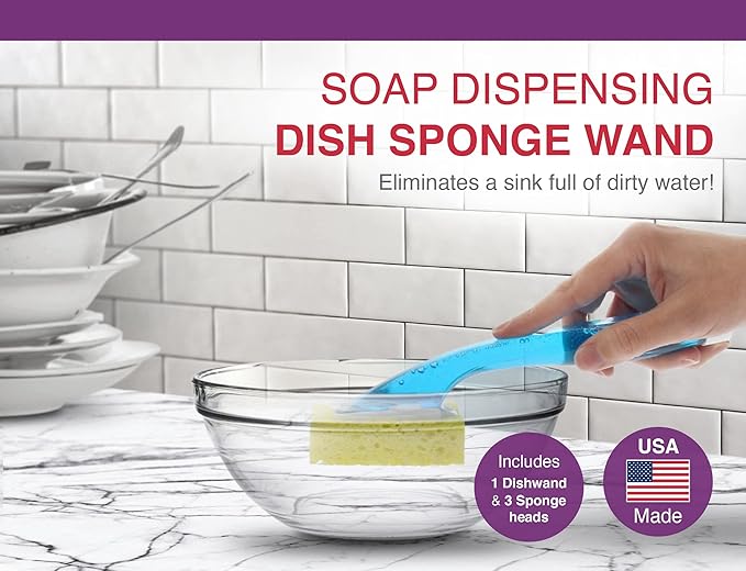 Arrow Home Products Dish Sponge w/Soap Dispenser Handle & 2 Refill Sponges - Fillable Dish Wand for Quick, Convenient Cleaning - Made in USA - Easy to Refill, Built-In Scrubber, For Dishes & Pans