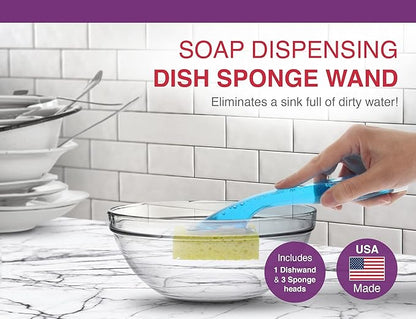 Arrow Home Products Dish Sponge w/Soap Dispenser Handle & 2 Refill Sponges - Fillable Dish Wand for Quick, Convenient Cleaning - Made in USA - Easy to Refill, Built-In Scrubber, For Dishes & Pans