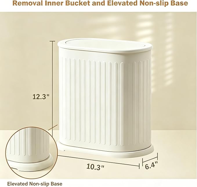 Steel Small Bathroom Trash Can with Lid Press Top 9L/2.4 Gallon Dog Proof Wastebasket with Removable Liner Bucket,Slim Bathroom Garbage Can Bin Under Desk/Sink Bedroom,Living Room,Office,Diaper