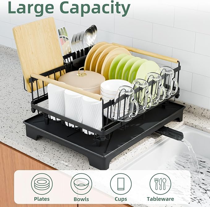 Dish Drying Rack, Dish Rack with Auto-Drainboard Rustproof Kitchen Counter Strainer with Cutlery & Cup Holders—Compact Space Saver for Small Spaces, Black