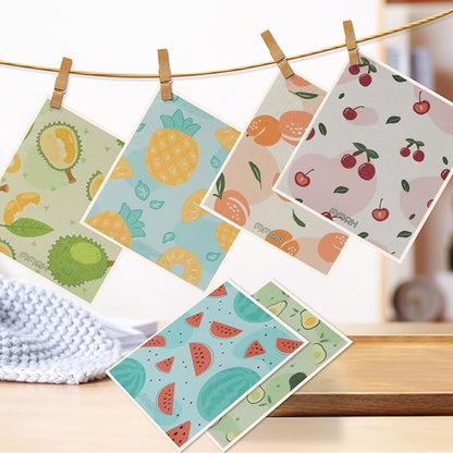 6 Pack Swedish Dishcloths for Kitchen |Watercolor Dish Towels | Reusable Paper Towels Washable | Non-Scratch Cellulose Sponge Cloths | No Odor, Biodegradable, Swedish Cloths, Fruits-1