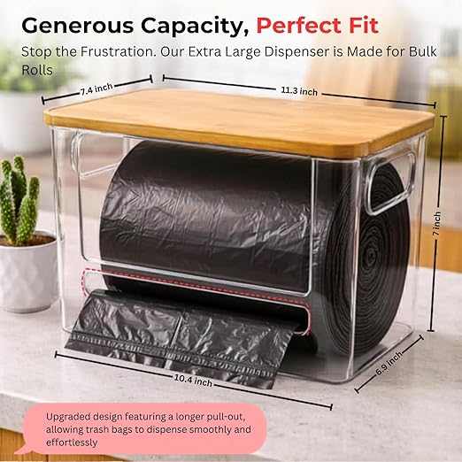 Trash Bag Dispenser with Front Opening, Stackable Garbage Bag Holder for Kitchen & Home, Fits 2.5 Gallon Bags, Includes Reusable Gloves, Adhesive Anti-Slip Pads & 15 Trash Bags–Extra Large Organizer