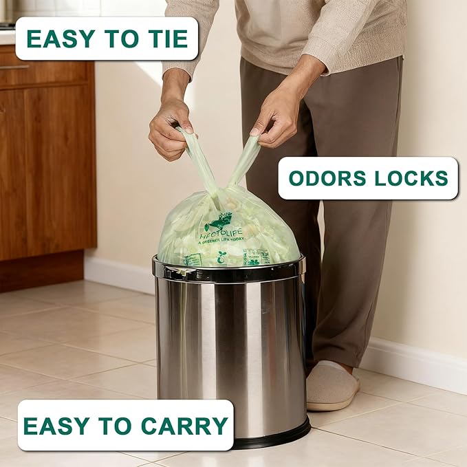 HECTOLIFE 2.6 Gallon 300 Count,Compostable Bags Handle Tie,Tear Resistant Kitchen Food Scrap Waste Bag, ASTM D6400, US BPI and Europe OK Compost Home Certified