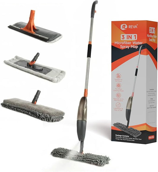 3-in-1 Spray Mop Set with Double-Sided Chenille, Microfiber, and Squeegee Pads - Lightweight Aluminum Handle, 520ML Water Tank, All-Floor & Window Cleaning (Stella - LV-S03)