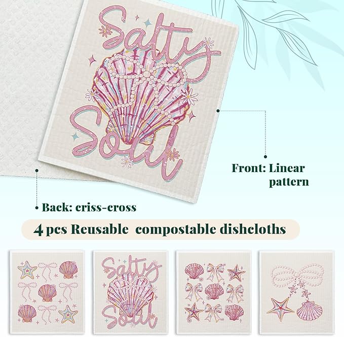 Beach Ocean Sells Swedish Dishcloths for Kitchen, Pink Salty Soul Sells Swedish Dish Cloths for Ocean, 4 Pack Dish Towels for Kitchen washcloths, Papaya Reusable Paper Towels Washable