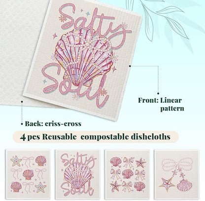 Beach Ocean Sells Swedish Dishcloths for Kitchen, Pink Salty Soul Sells Swedish Dish Cloths for Ocean, 4 Pack Dish Towels for Kitchen washcloths, Papaya Reusable Paper Towels Washable