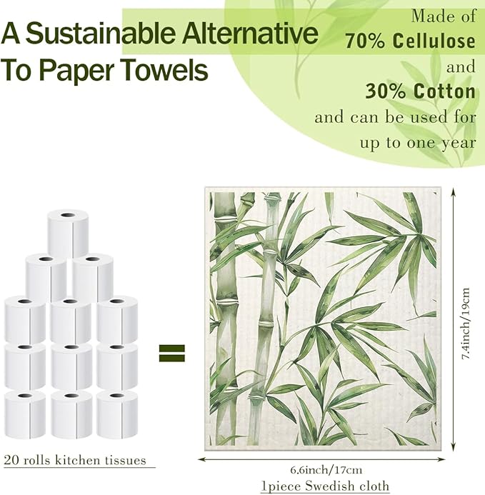 Swedish Dishcloths for Kitchen | 6 Pack Floral Reusable Paper Towels Washable | Swedish Dish Towels | Non-Scratch Cellulose Sponge Cloths | No Odor, Biodegradable Cleaning Cloths, Green Leaves