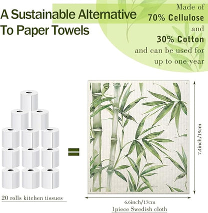 Swedish Dishcloths for Kitchen | 6 Pack Floral Reusable Paper Towels Washable | Swedish Dish Towels | Non-Scratch Cellulose Sponge Cloths | No Odor, Biodegradable Cleaning Cloths, Green Leaves