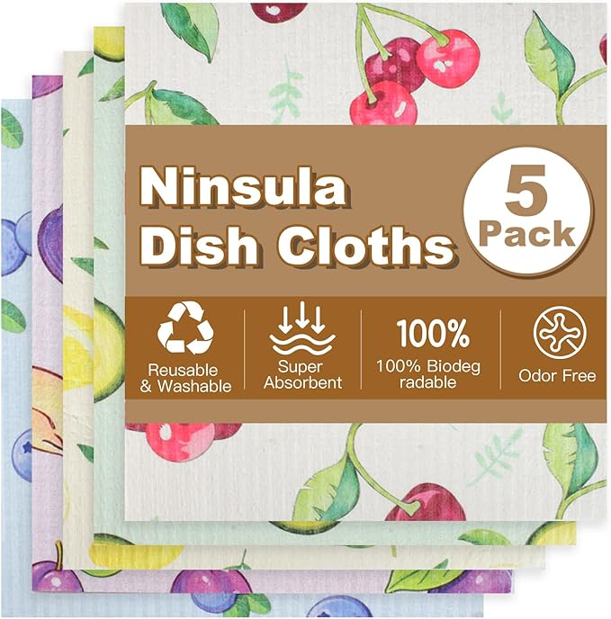 Ninsula Dish Cloths 5 Pack, Absorbent Cellulose Sponge Dishcloths for Kitchen, No Odor Biodegradable Reusable Kitchen Towels (Watercolor-Style Fruit Patterns)