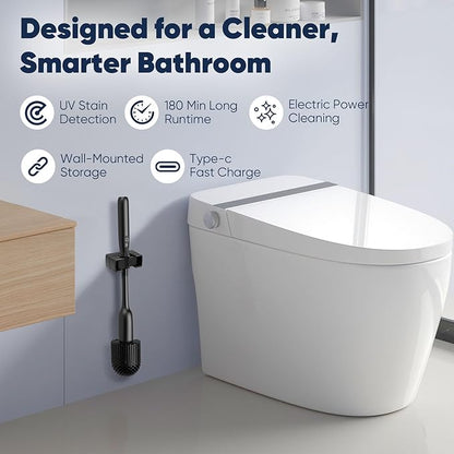 EKZ Electric Toilet Brush with UV Stain Detection, High-Torque Deep Cleaning, Dual-Speed 80/200 RPM, Silicone Brush Head, Wall-Mounted Holder, Type-C Rechargeable, Black