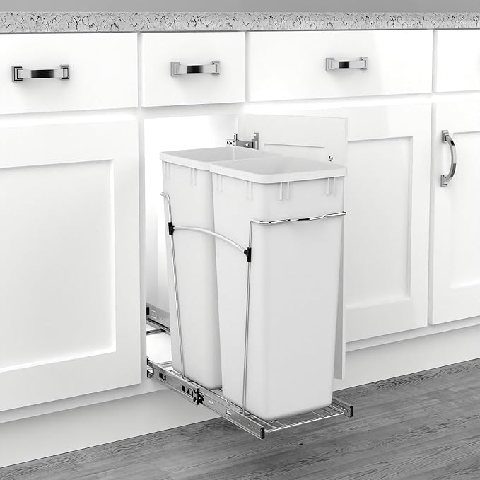 Rev-A-Shelf Double 27 Qt Pullout Trash Can for Base Kitchen Cabinets, Garbage Waste Bin System with Full Extension Slides, Min Opening Width of 11.5", White, RV-15KD-11C S