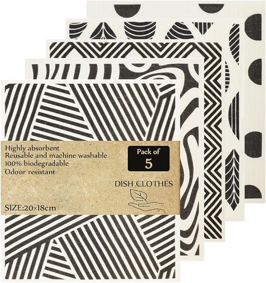 KMAKII Swedish Dishcloths Reusable, Absorbent, Quick-Drying Sponge Cloths for Kitchen and Counter Cleaning, Reusable Dish Towels and Dish Cloths, Black & White, Pack of 5 Pcs