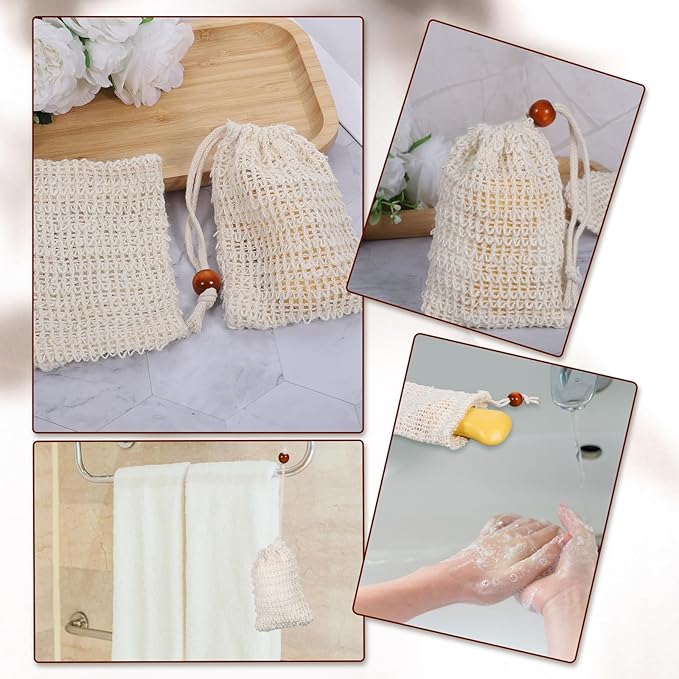 50 Pcs Soap Saver Bag, 5.5 × 3.5 Inch Natural Cotton Linen Soap Pouch Mesh Exfoliating Hand Made Soaps Savers with Drawstring for Bath, Shower, Massaging