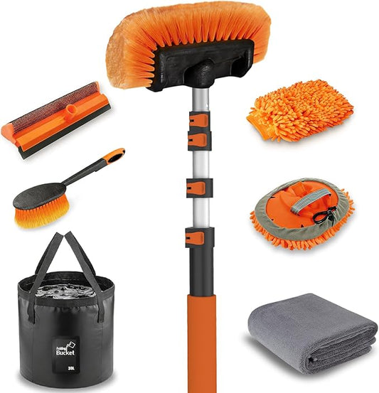 LAANPOLE 12FT Car Wash Brush with Long Handle, Car Cleaning Kit with Soft Bristle Wash Brush, Microfiber Cleaning Mop, Window Squeegee, Mitt, Wheel Brush, Bucket, Drying Towel for RV, Truck, Boat