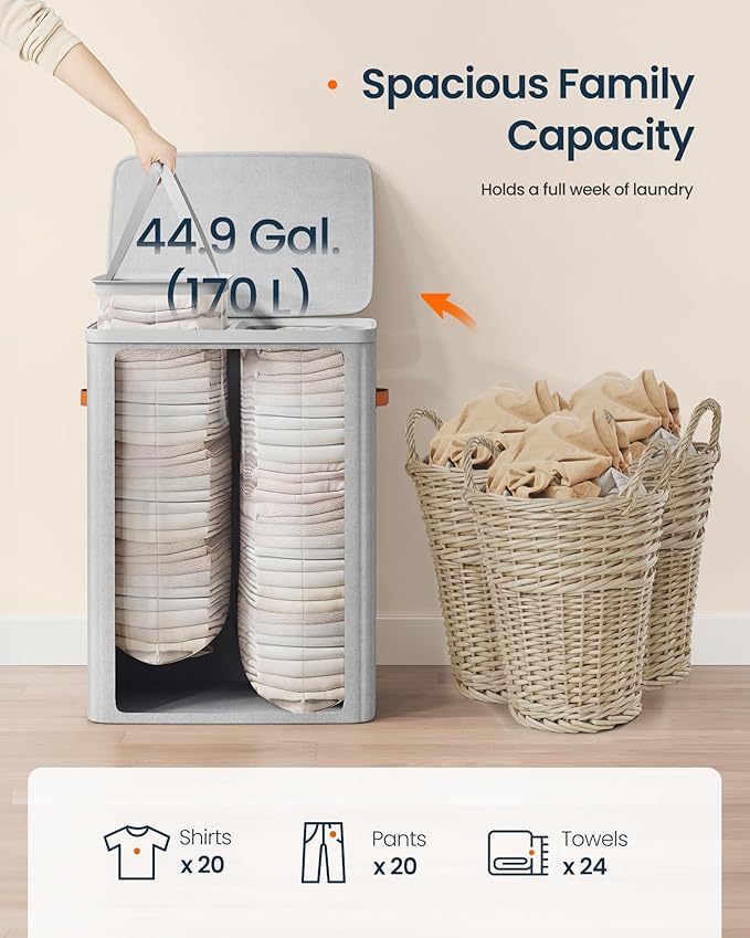 SONGMICS HOME Laundry Hamper with Lid, 2 Section Laundry Basket with Removable Liners and Handles, Foldable Clothes Sorter for Bedroom, Bathroom, Gray