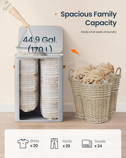 SONGMICS HOME Laundry Hamper with Lid, 2 Section Laundry Basket with Removable Liners and Handles, Foldable Clothes Sorter for Bedroom, Bathroom, Gray