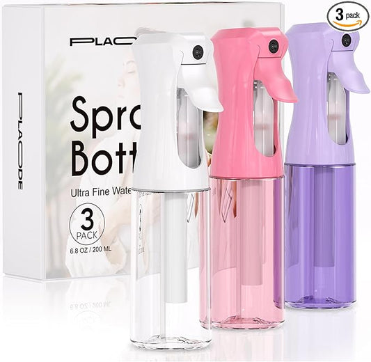 3 Pack Spray Bottle for Hair - Continuous Hair Spray Bottles Refillable Mister Sprayer for Hairstyling, Plants, Pets, Skincare, Cleaning (6.8 OZ/200ML, White+Pink+Purple)