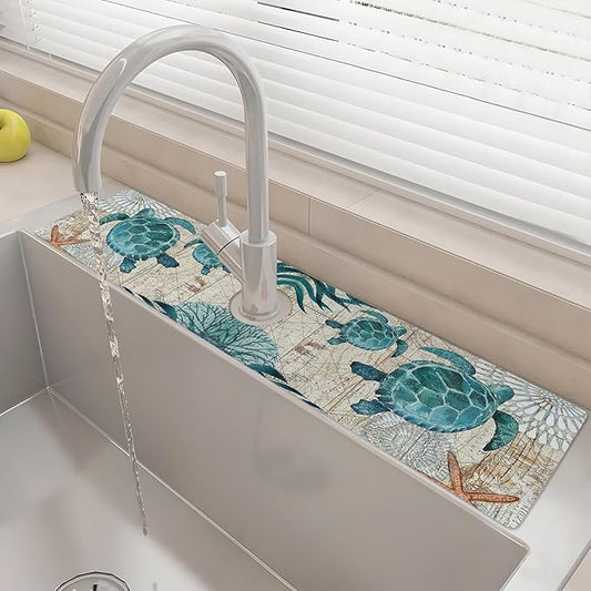 24" X 5.5" Kitchen Sink Splash Guard Faucet Mat Sea Turtles Super Absorbent Fast Drying Faucet Guard & Draining Mat Sink Splash Guard Behind Faucet for Kitchen, Bathroom