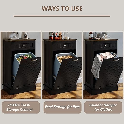 LOUVIXA Tilt Out Trash Can Cabinet, Hidden Trash Cabinet with Drawer, Wooden Dog Proof Trash Can Holder, Tilt Out Laundry Hamper, Garbage Can Holder (Black)