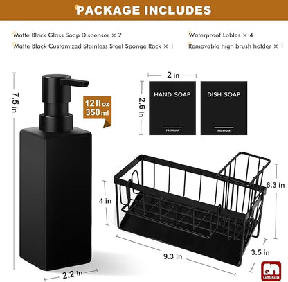 GMISUN Dish Soap Dispenser, 12 fl oz / 350 ml Dual Kitchen Soap Dispensers with Sponge Holder, Customized Matte Black Kitchen Soap Dispenser Set, Modern Hand and Dish Soap Bottle Set Removable