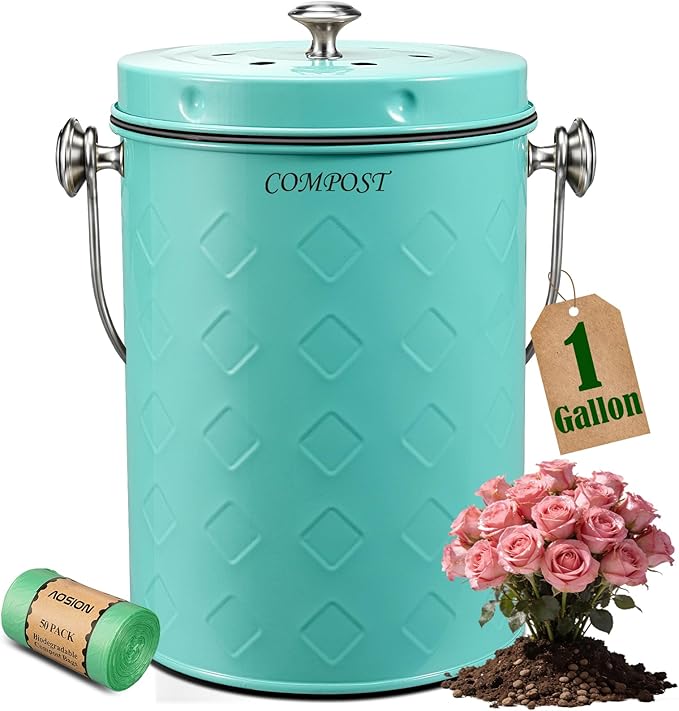 AOSION Countertop Compost Bin Kitchen,Odorless Indoor Compost Bin with Lid,Farmhouse Composter Container for Food Waste,Includes 2 Carbon Filters, Small Compost Bucket,Trash Bags (Modern, Light Green)