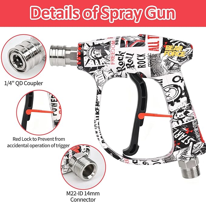 Bear Force High Pressure Washer Gun 3000 PSI Max, Power Washer Short Gun M22-ID14mm with 1/4“ Quick Connector, Car Wash, Car Cleaning, Car Care Detailing
