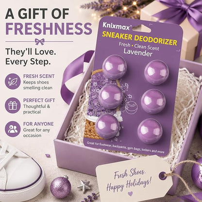Knixmax Shoe Deodorizer Balls, Odor Eater Ball for Sneakers Boots Mules, Air Fresheners for Gym Gear Bags Lockers, Lavender scent, Pack of 6, Purple