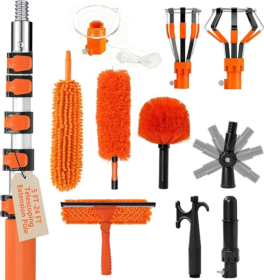 30FT Light Bulb Changer for High Ceilings with 5-24FT Heavy Duty Extension Pole,High Ceiling Fan Duster Extendable Reusable Cobweb,Feather,Window Cleaning Squeegee Kit for Home & House,Interior Roof